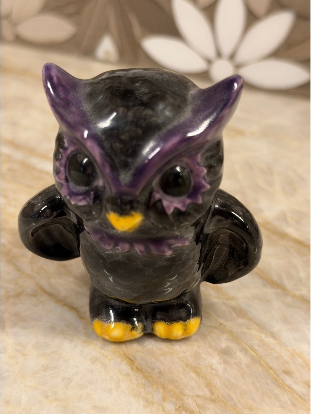 Vintage Ceramic "Spooky Eyes" Owl Figurine – Black & Purple Halloween Decor